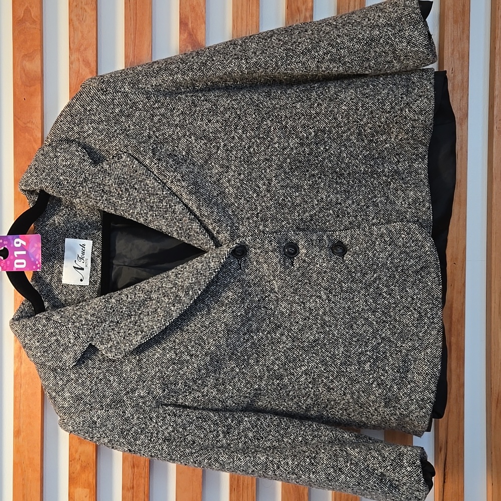 N Touch Petite Women’s Tweed Blazer Jacket Gray Black Lined Button‎ Front